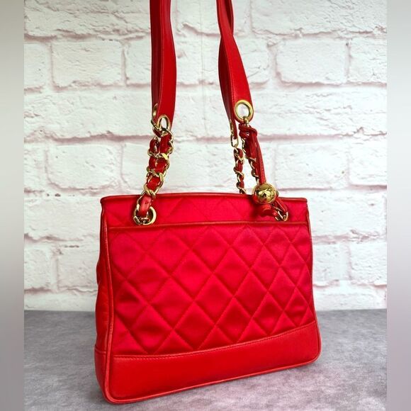 Chanel Red Satin Quilted Chain Shopper Tote Bag - Picture 1 of 16